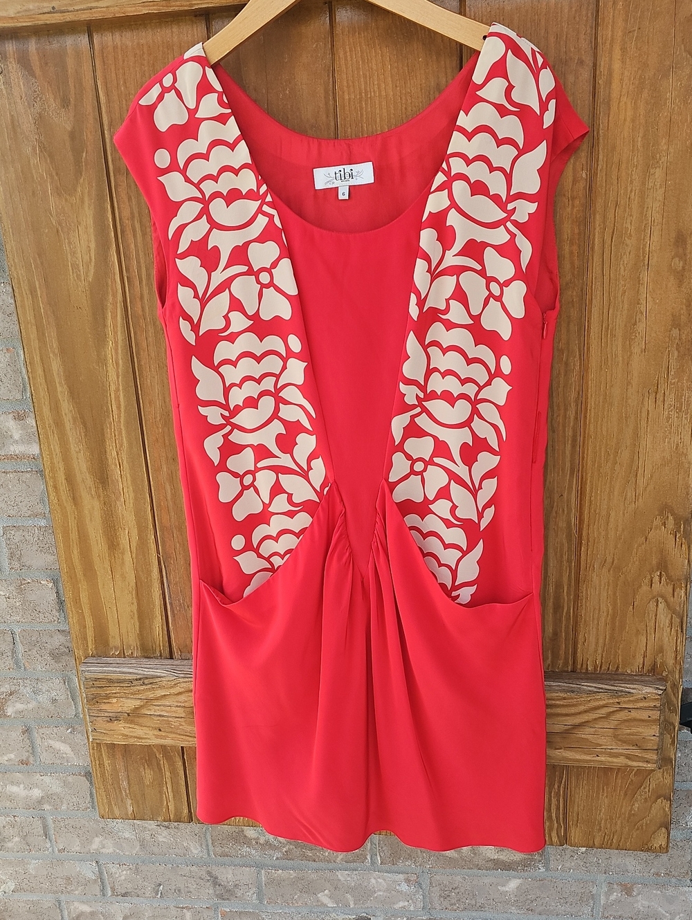 Tibi Silk Coral Red Dress with Cream Floral